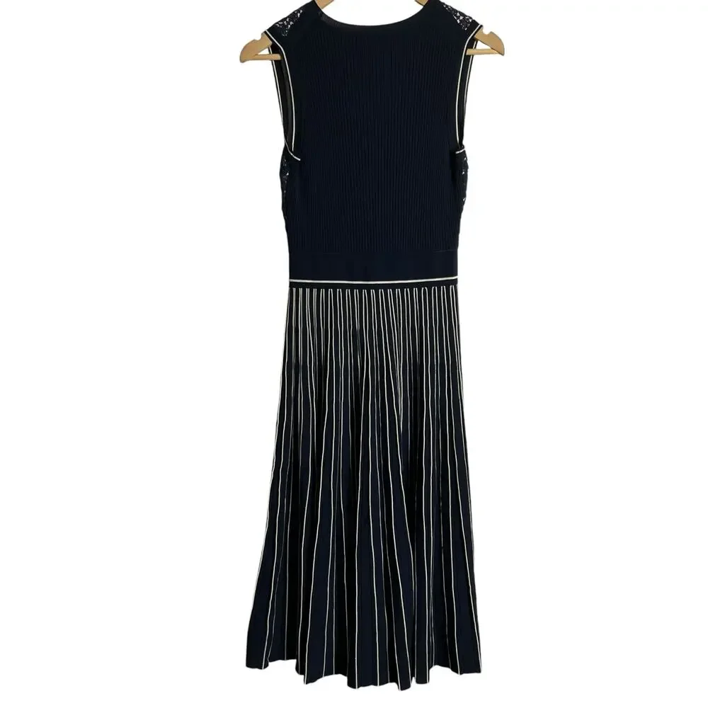 Tory Burch Navy Blue Sleeveless Pleated Knit Crewneck Midi Sweater Dress Size XS